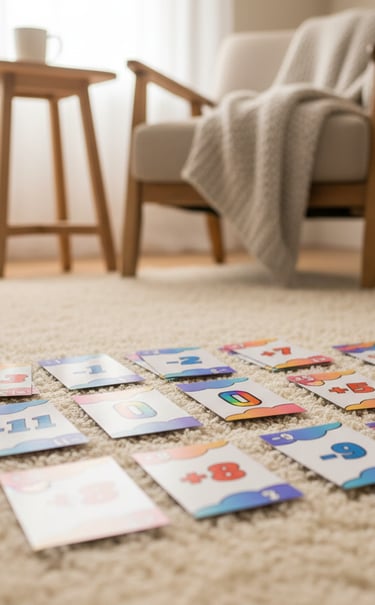 a living room with a chair, cards on the floor