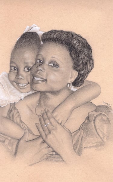 a drawing of a little girl hugging a woman 