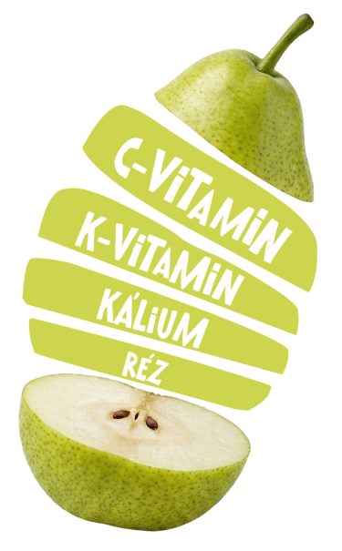 Fekete háttér előtt lebegő, felszeletelt zöld körte, amely C, K-vitamin, kálium és réz tartalmaz