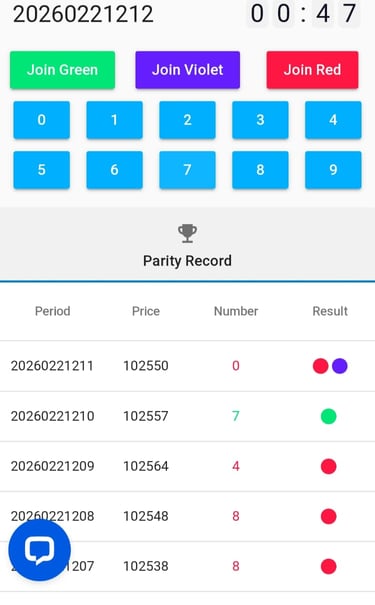 Jalwa game a color prediction game interface showing parity record charts and color prediction Game.