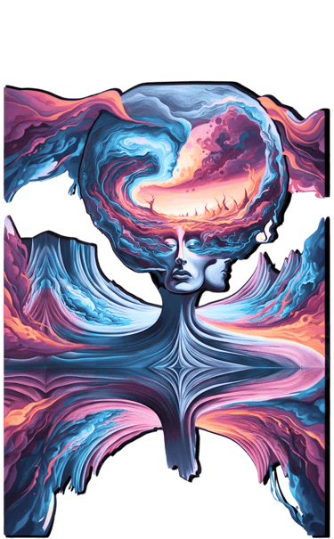 Surreal abstract art of a face merging into a dreamlike landscape with colorful swirling clouds.