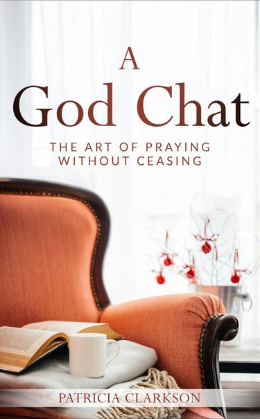 Book cover for A God Chat by Patricia Clarkson featuring a cozy armchair with a coffee mug and open book.
