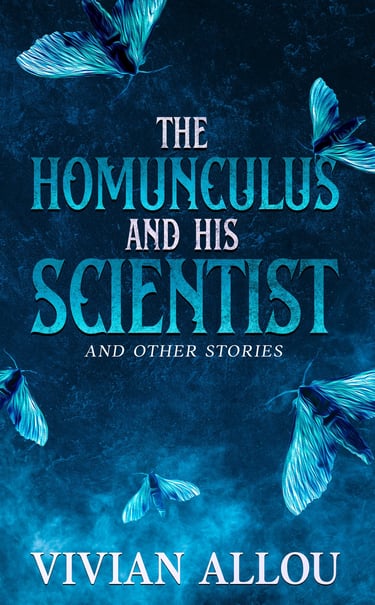 Blue book cover with moths, "The Homunculus and His Scientist" by Vivian Allou