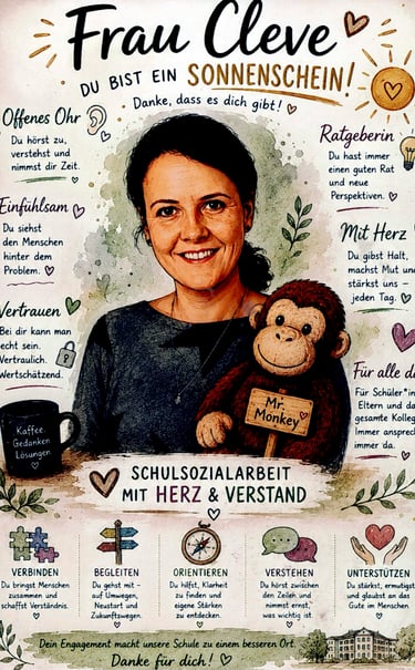 Grußkarte als Dank an Christine Cleve. Zeichnerisch dargestellt mit dem Äffchen "Mr. Monkey" im Arm.