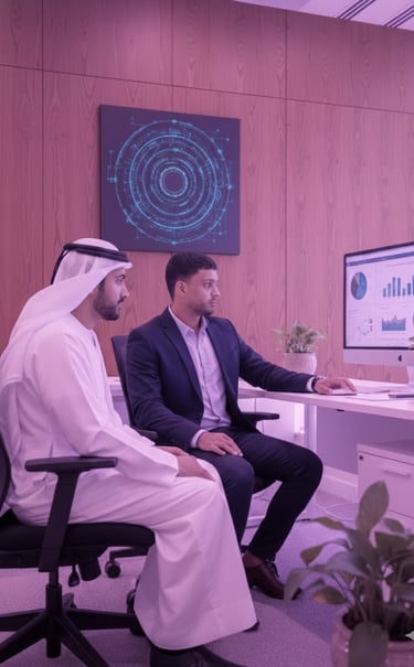 two men sitting at a desk with a computer monitor