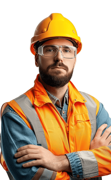 Professional male construction worker wearing a yellow hard hat and orange safety vest.