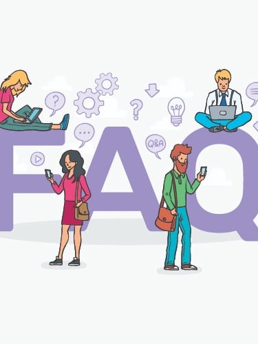 people sitting on a bench with a man and woman in front of a faq