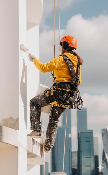 Professional industrial climber in safety gear painting a high-rise building exterior.