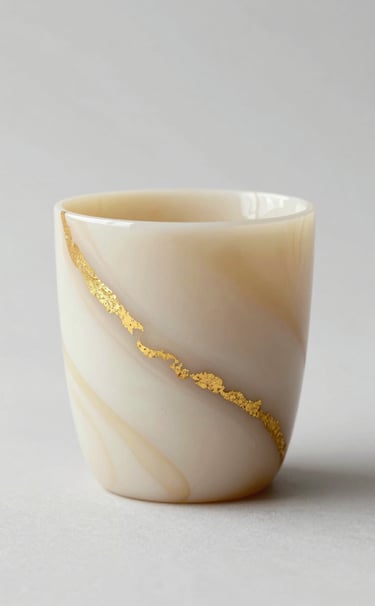 A close-up of a handmade resin tumbler with a soft swirling pattern of #F8F3ED and gold leaf, capturing the light in a clean, modern studio setting.