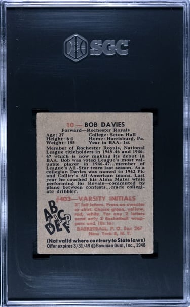 1948 Bowman #12 Bob Davies Rookie Card Back side