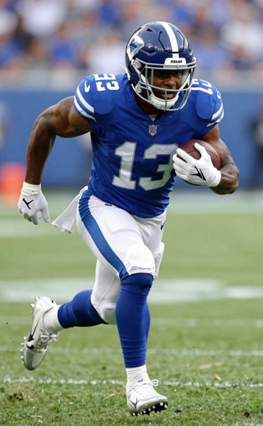 Close-up action shot of a running back making a cut on a grass field, grass blades flying, wearing branded gear in #1C2B3A and #8FAEC0, powerful leg muscles emphasized, professional athletic photography.