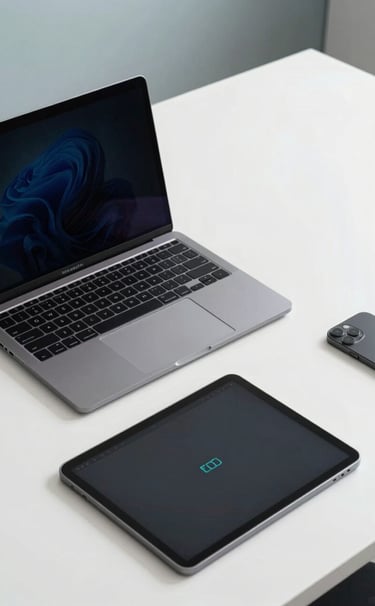 A high-angle photography shot of a sleek, modern workspace featuring a high-end laptop, a digital tablet for design, and subtle teal lighting accents. Global / Digital Professional aesthetic, clean and organized for a productive tech-focused environment.