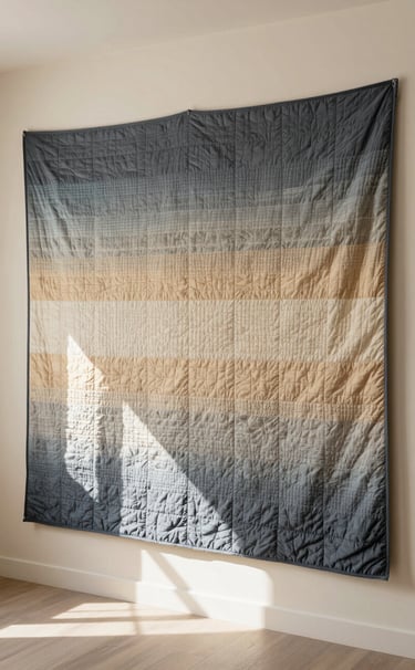 A wide-angle professional photograph of a large, modern quilt hanging against a warm cream wall. The quilt features a horizontal gradient pattern in shades of warm slate and soft sand. The room is filled with soft, natural morning light.