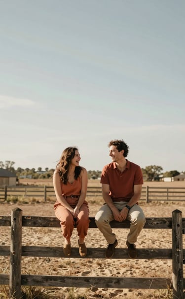 Candid wide-angle photograph of a couple sitting on a vintage wooden fence in a rural North American setting. The scene is bathed in warm, sun-kissed light. They are laughing authentically. The color palette features terracotta clothing and soft sand environmental tones. Narrative-driven lifestyle photography.