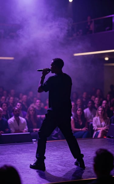 A silhouette of an artist performing in a sleek, modern US venue. The stage is bathed in light purple and deep violet mist, creating a mysterious and impactful atmosphere, with a blurred professional audience in the background.