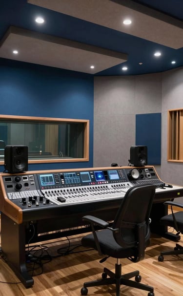 A wide angle cinematic shot of a professional music recording studio in a modern Latin American / Spanish building, featuring high-end recording equipment, muted slate blue lighting, and clean steel grey acoustic panels.