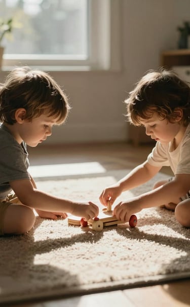 A candid, medium shot of two young children playing with a wooden toy on a Soft Sand colored rug. Warm sunlight streams through a nearby window, creating a cinematic, high-contrast look with soft Charcoal shadows.