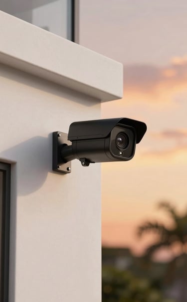 A high-tech black security camera mounted on a clean white modern wall of a South American / Brazilian luxury home, captured in warm sunset lighting with a soft tangerine sky in the background.