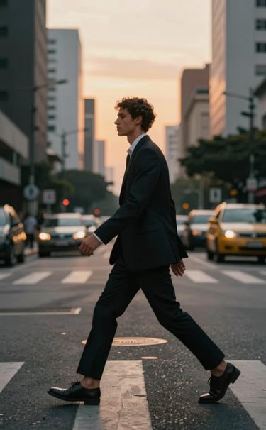 Spontaneous street photography shot in São Paulo, capturing a model in motion crossing a street. Natural, cinematic lighting with warm sunset tones against gray buildings. Professional and contemporary style.