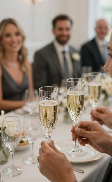 A close-up photograph of a champagne toast at a wedding reception in a North American / US venue. The focus is on the crystal glasses catching the Off-white light, with a blurred background of smiling guests dressed in elegant Dark Charcoal attire. The mood is celebratory and artistic.