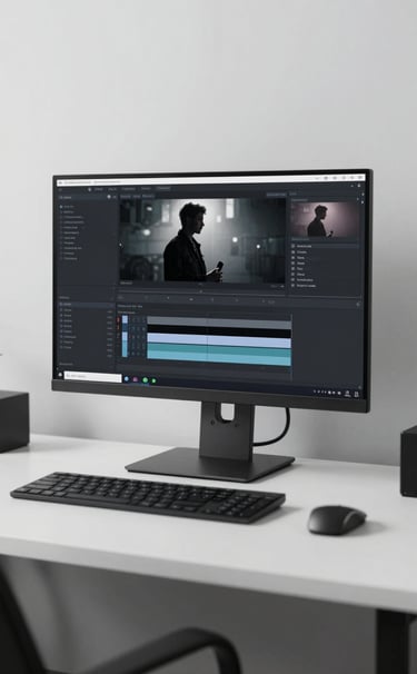 A sleek professional filmmaker's workstation with a 4K monitor showing a moody edit, minimalist desk, color palette includes #0A0A0A and #95A5A6.