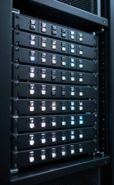 A close-up photograph of a server rack with blinking silver and ice white status lights in a dim, dark charcoal data center, emphasizing precision and secure infrastructure.