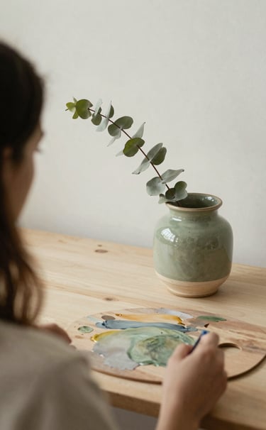 An over-the-shoulder shot of an artist's workspace. A single branch of eucalyptus sits next to a handmade ceramic pot. The palette is dominated by pale moss and warm cream, with soft, diffused lighting reflecting a calm mood.