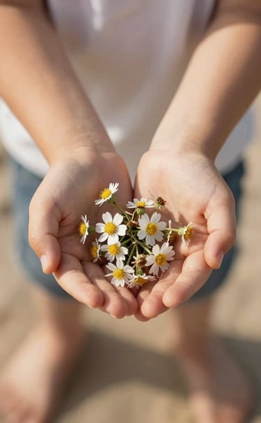 A close-up, sun-drenched photograph of two children’s hands holding a small handful of coastal wildflowers. The lighting is soft and warm beige, emphasizing the authenticity and delicate nature of the moment.
