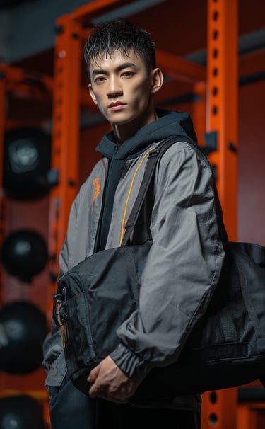 Super handsome model carrying customized high-end nylon travel bag