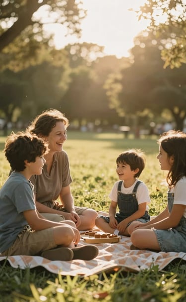 Cinematic photography of a family laughing together on a picnic blanket in a sun-drenched park. Warm golden hour light creating a soft lens flare. Authentic interaction, natural storytelling style.