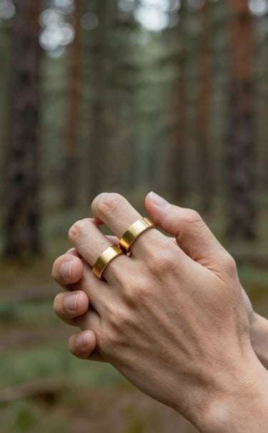 A minimalist, high-end close-up shot of a couple's hands entwined, showing brushed gold wedding bands. The background is a soft-focus North American pine forest, maintaining a clean and luxury photography portfolio aesthetic.