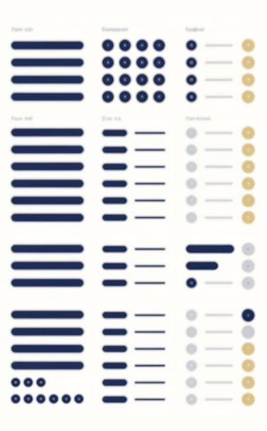 A wide-angle shot of a design system documentation page. Neatly organized rows of UI components like buttons, sliders, and toggles in dark blue and gold tones. The layout is spacious and professional, set against a crisp off-white background.