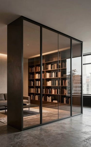 A wide interior shot of a minimalist urban loft. A large, sophisticated glass and steel partition wall divides the living room and study. The frame is finished in deep charcoal and the glass is perfectly transparent, reflecting a warm bronze interior light.