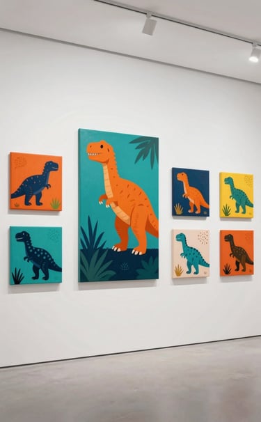 A wide angle view of a white gallery wall curated with several pop-art dinosaur paintings. The dinosaurs are rendered in vibrant #D87D51 orange and deep #1F3A4B teal against colorful, patterned backgrounds.