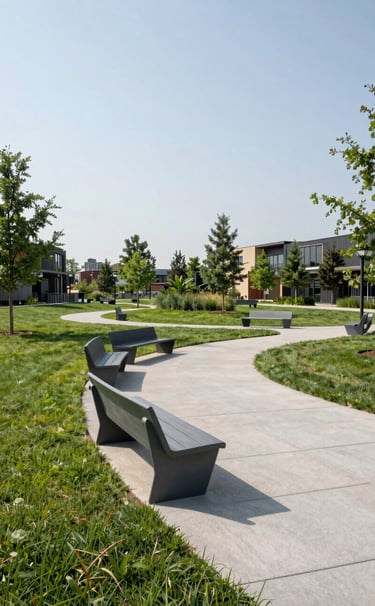 A wide-angle landscape photograph of a sustainable community park in a North American / US city. The park features modern Steel Grey benches, Light Silver paved paths, and lush green spaces under a clear sky.