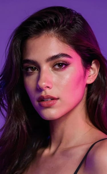 A seductive studio headshot of an elite Latina model, showcasing her elegant features under electric neon magenta and purple backlighting. High contrast dark-mode vibe, global adult entertainment appeal, high fashion adult photography style, Latin American / Global.