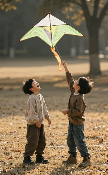 A vertical candid shot of two young children laughing while playing with a vintage wooden kite. The scene is bathed in warm, sun-drenched light in a Western / Global park. The background shows soft charcoal shadows and almond-toned dry grass.