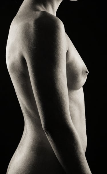 Fine art photography of a human silhouette, monochrome, focusing on the curve of the torso against a black background. Minimalist composition, high contrast, off-white highlights, North American aesthetic.