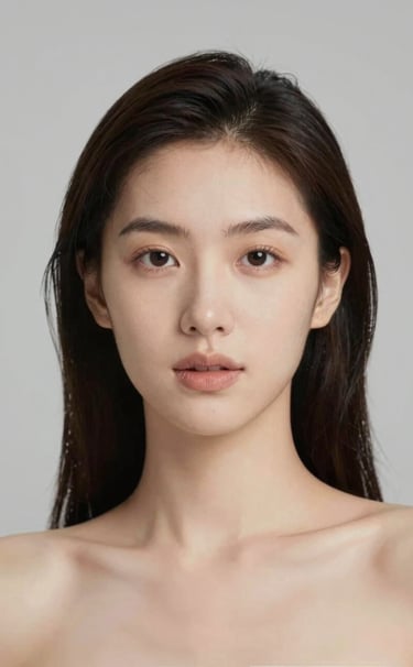 A sophisticated studio portrait of a woman with natural makeup, clean and minimalist composition, soft lighting against a warm grey #E0DCD9 background, reflecting authentic storytelling.