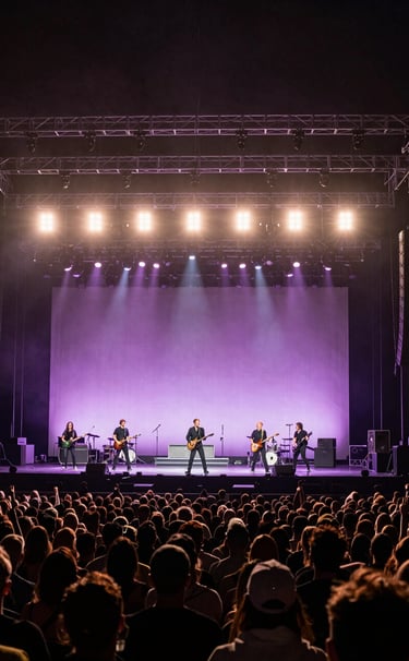 A wide-angle photograph of a massive concert stage during a Stefan Taylor performance. The lighting is a blend of muted plum and deep mauve, with silhouettes of an engaged audience in the foreground. High-energy, professional concert photography style.