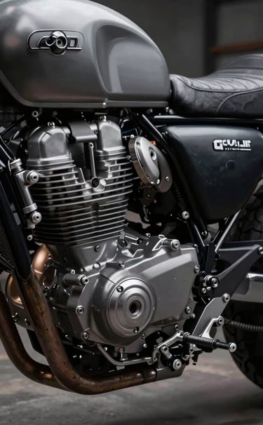 A sharp, detailed macro photograph of a motorcycle's mechanical parts, featuring the cool silver grey textures of the engine and rich charcoal black leather seat details. Sophisticated studio-style lighting in a Global / Western workshop environment.