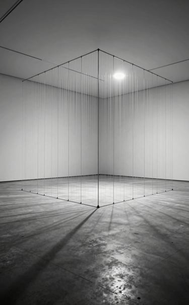 A cinematic black and white wide-angle photograph of a large-scale immersive sound installation in a North American gallery. Minimalist architecture, soft ambient light coming from hidden sources, long shadows on a concrete floor.