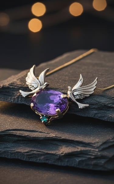 Custom designed memorial pendant in 14kt yellow and white gold set with a stunning amethyst, emerald