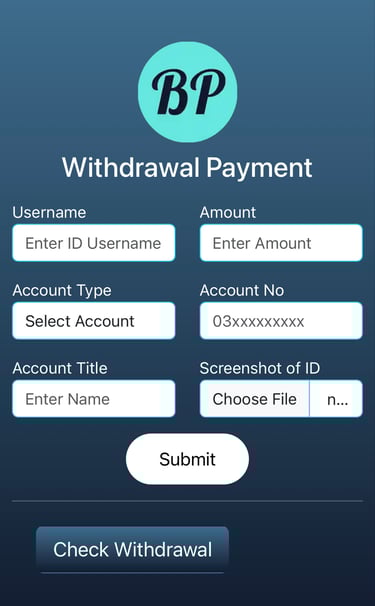 "BetPro10 Withdrawal Process - Enter username, amount, account type, account number, account title, 