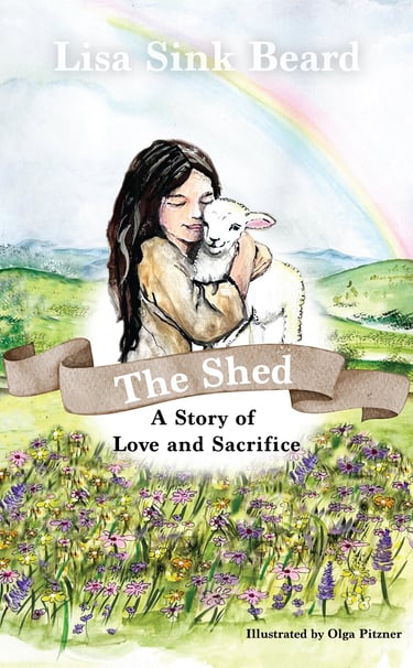 Watercolor book cover for The Shed showing a girl hugging a white lamb in a flower field under a rainbow.