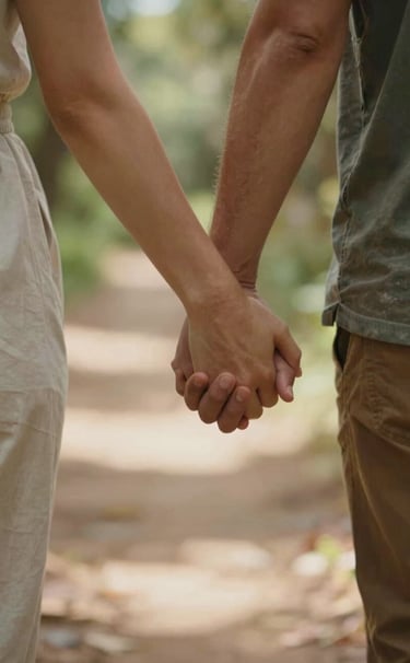 A close-up, authentic shot of a couple's hands holding each other while walking on a sun-drenched trail. The style is cinematic lifestyle photography, featuring warm textures and earthy tones like #E2D7C3 and #AD7B5B in the natural surroundings.