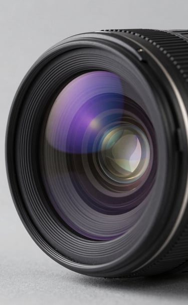 Close-up photography of a premium camera lens front element, showing deep blue and purple glass coatings. The composition is artistic and sharp, with subtle light gray reflections and professional studio lighting used in North American commercial photography.