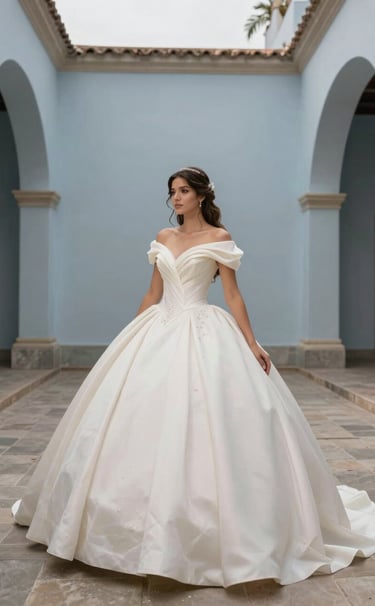 A beautiful quinceañera wearing a modern soft off-white ballgown, posing in a minimalist South American / Colombian architectural setting. Soft natural light, high-resolution photography focusing on elegance, incorporating slate blue-grey and pale sky blue accents in the background.