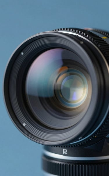 Close-up of a high-end vintage cinema lens, reflecting a soft blue #86A3B8 light. The composition is sleek and professional, conveying a high-quality filmmaking aesthetic.