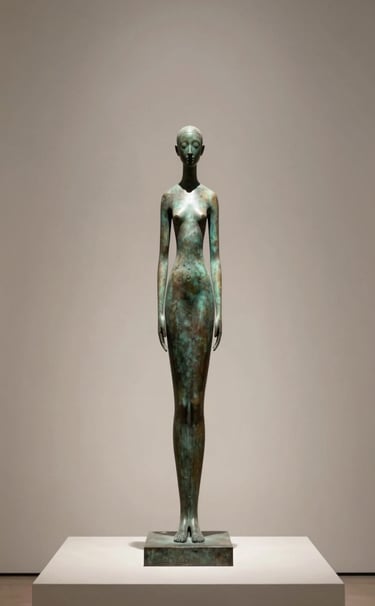 A tall, slender bronze sculpture standing against a neutral #F9F7F0 wall, dramatic lighting from above, sophisticated minimalism, luxury art gallery setting.
